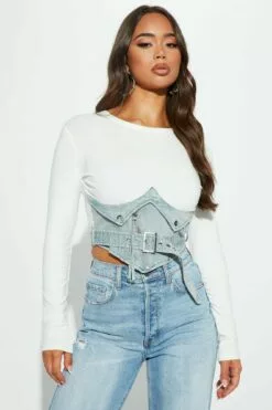Fashion Nova Baddest Behavior Denim Top - White