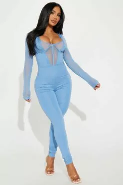 Fashion Nova Out And About Mesh Jumpsuit - Blue