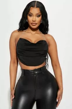 Fashion Nova Rena Rhinestone Halter Top - Black