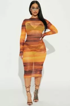 Fashion Nova Sunset Views Midi Dress - Orange/combo