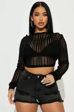 Fashion Nova Heading Out Crochet Open Back Sweater - Black