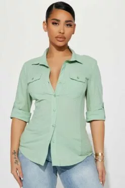 Fashion Nova Taylor Button Down Top - Sage
