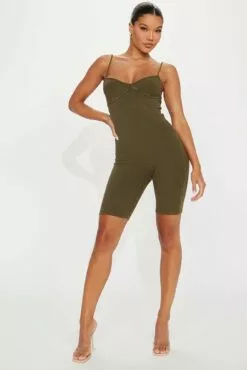 Fashion Nova Andrea Mineral Wash Rib Romper - Olive