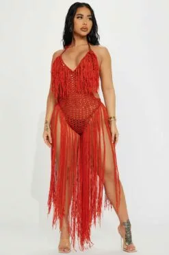 Fashion Nova Tropical Wanderlust Crochet Fringe Sunsuit - Rust