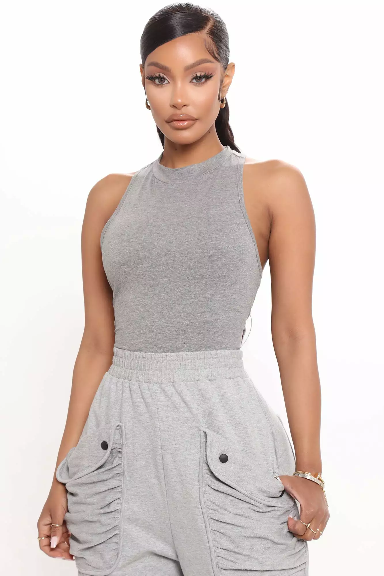 Fashion Nova Mel Sleeveless Mock Neck Bodysuit - Heather Grey 5 Fashion Nova Mel Sleeveless Mock Neck Bodysuit - Heather Grey - Image 3