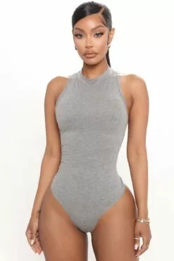 Fashion Nova Mel Sleeveless Mock Neck Bodysuit - Heather Grey