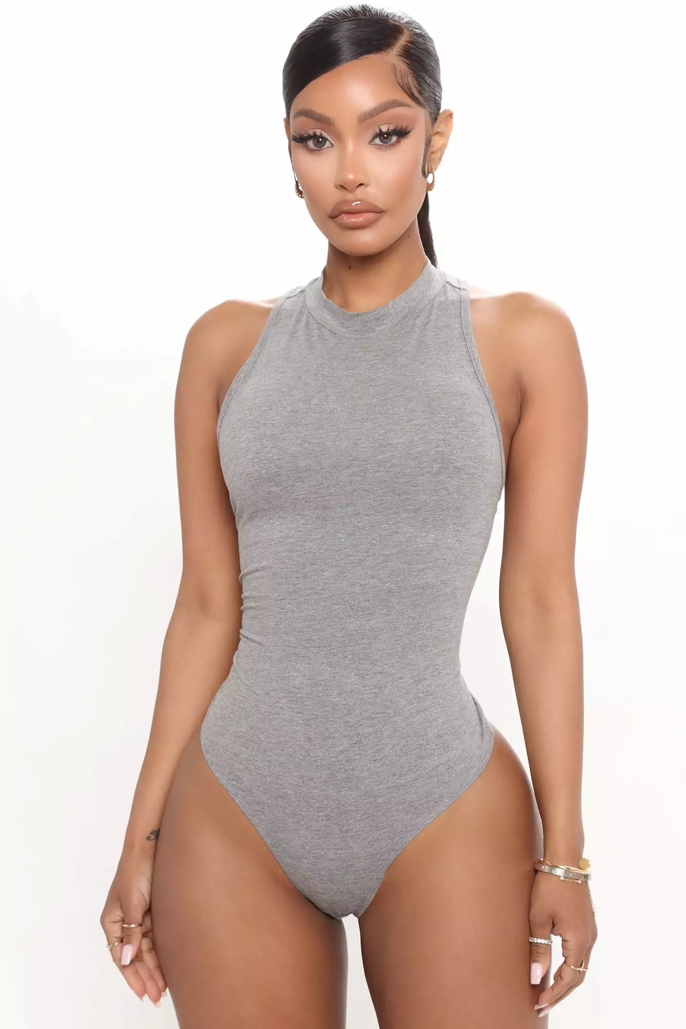 Fashion Nova Mel Sleeveless Mock Neck Bodysuit - Heather Grey 3 Fashion Nova Mel Sleeveless Mock Neck Bodysuit - Heather Grey