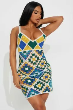 Fashion Nova Palm Desert Crochet Mini Dress - Mustard/combo