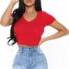 Fashion Nova Carly V Neck Crop Tee - Red