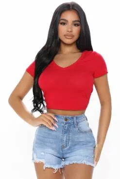 Fashion Nova Carly V Neck Crop Tee - Red -Fashion Nova Sales 06 23 21Studio3 ME RL 11 16 06 29 RT63221 Red P 1192 RG