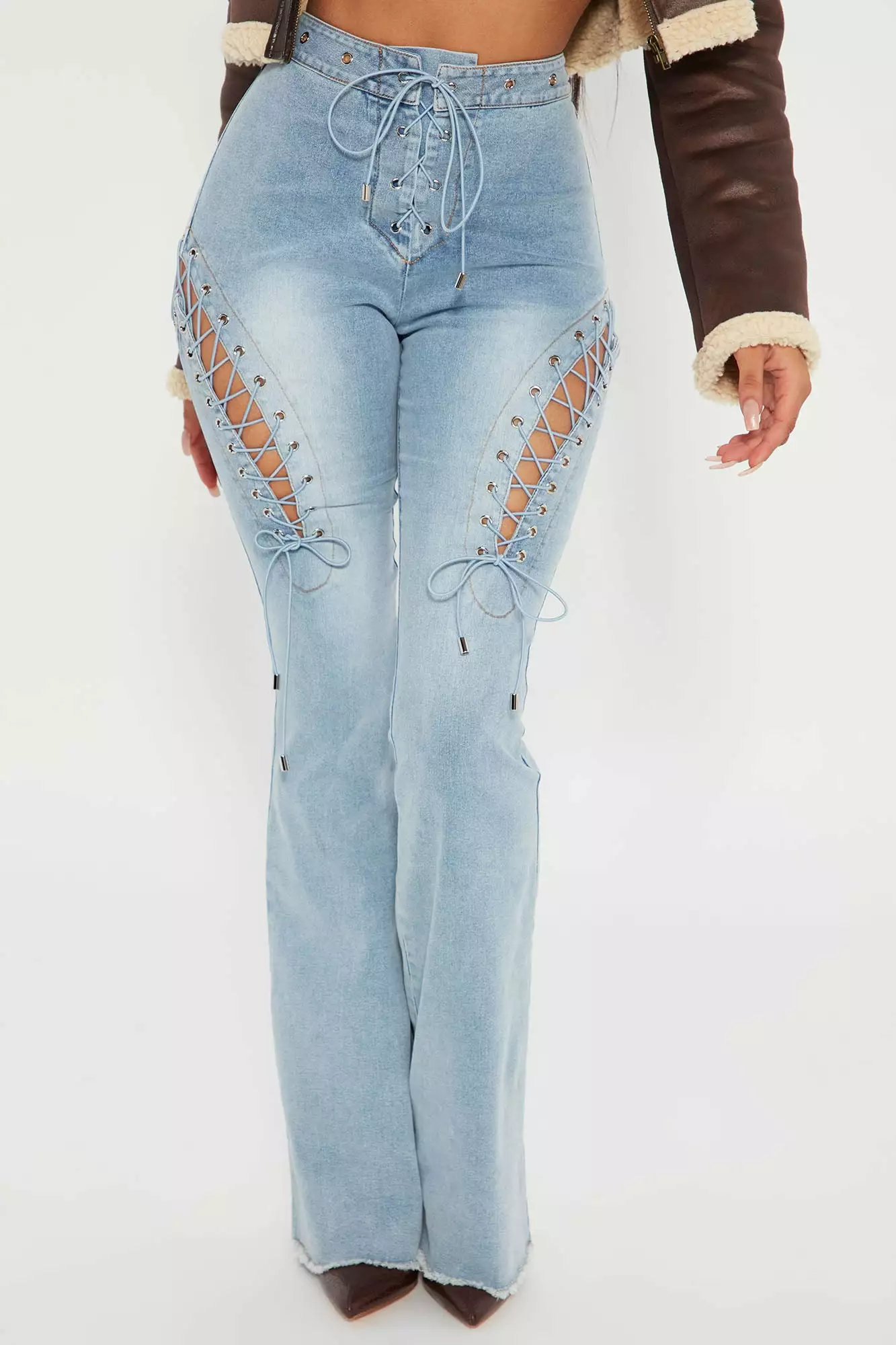 Fashion Nova La Brea Laced Up Flare Jeans - Light Blue Wash 5 Fashion Nova La Brea Laced Up Flare Jeans - Light Blue Wash - Image 3