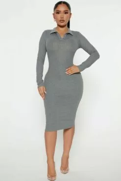 Fashion Nova Catrina Collared Midi Dress - Heather Grey