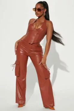 Fashion Nova After Party Faux Leather Pant Set - Brown