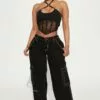 Fashion Nova No Rules Mid Rise Cargo Jean - Black