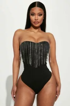 Fashion Nova Ronnie Rhinestone Bodysuit - Black